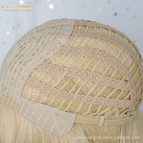 Short Blonde Wavy Bob Wig with Bangs for Women Girls Natural Looking Pastel Blonde Wigs Curly for Daily Cosplay Halloween